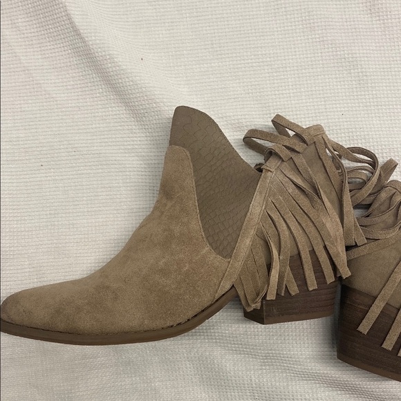 Tan Suede Ankle Booties with Fringe - Picture 2 of 10